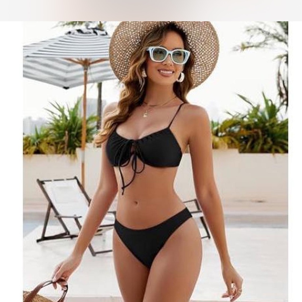 Black bikini cut out thing push up underwire bathing suit two piece cheeky sexy - Picture 4 of 6
